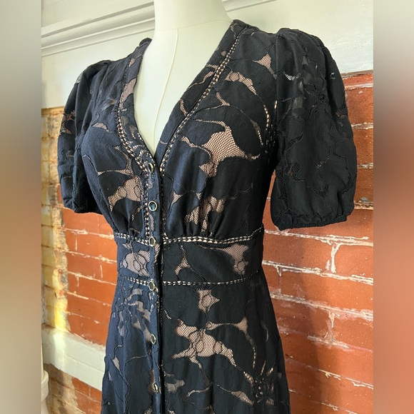 Anthropologie Ophelia Midi Dress Black Lace Puff Sleeve V Neck Button Front - Picture 9 of 16